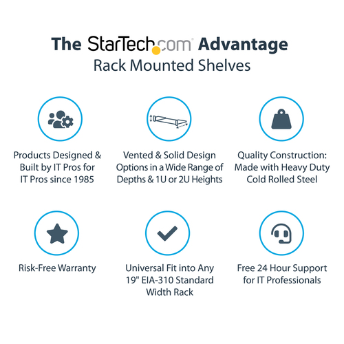 StarTech.com Scaffale cantilever per montaggio a rack universale con fessure 16" 2U - Ripiano per armadio server rack fiss