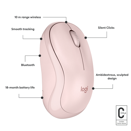 Logitech Silent M240 Mouse - Bluetooth - Optical - 3 Button(s) - 1 Programmable Button(s) - Rose - Wireless - 4000 dpi - S