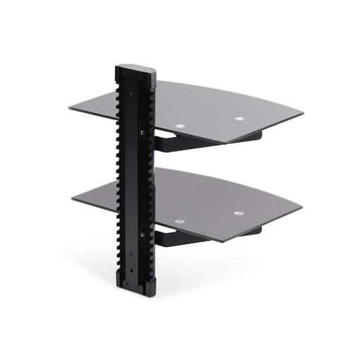 StarTech.com Dual Floating Wall-Mounted AV Shelves, Adjustable Height Shelf For Under TV A/V Equipment, Black Tempered Gla