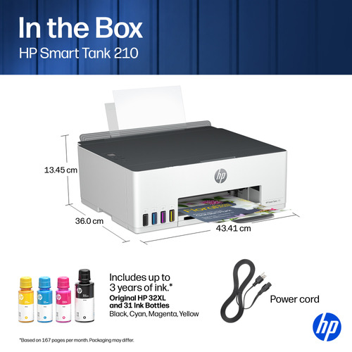 HP Smart Tank 210 Wireless Color Printer. Print technology: Thermal, Maximum resolution: 4800 x 1200 DPI, Borderless print
