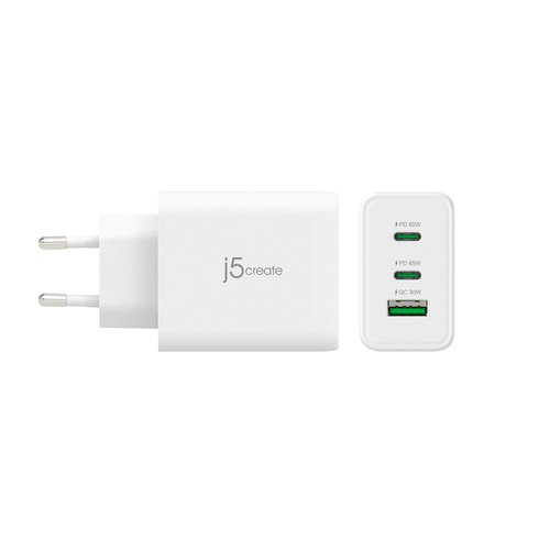 j5create JUP3365E-EN 65W GaN USB-C® 3-Port Charger. Charger type: Indoor, Power source type: AC, Charger compatibility: He
