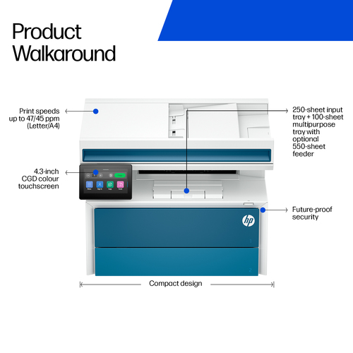 HP LaserJet Pro 4113fdn Wired Laser Multifunction Printer - Monochrome - White, Blue - Copier/Printer/Scanner - Automatic 