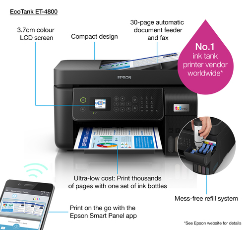 Epson ET-4800 Wireless EcoTank Inkjet Multifunction Printer - Colour - Copier/Fax/Printer/Scanner - 5760 x 1440 dpi Print 