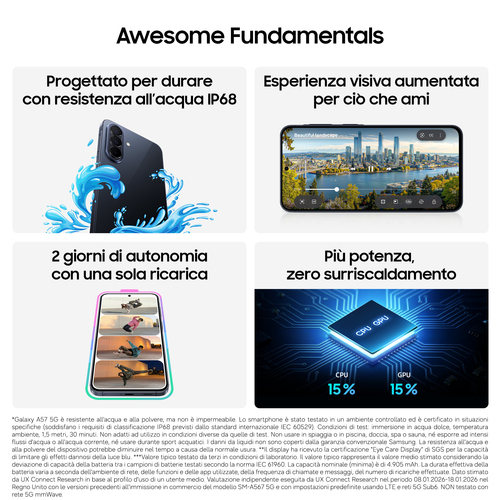 Samsung Galaxy A57 5G . Dimensioni diagonale schermo: 17 cm (6.7"), Risoluzione del display: 1080 x 2340 Pixel. Famiglia p