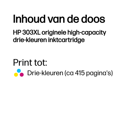 HP 303XL High Yield Tri-color Original Ink Cartridge. Colour ink page yield: 415 pages, Printing colours: Cyan, Magenta, Y