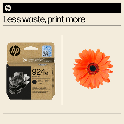 HP 924e EvoMore Black Original Ink Cartridge. Cartridge capacity: High (XL) Yield, Supply type: Single pack, Printing colo