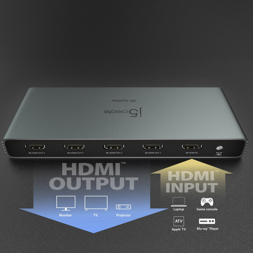 j5create JDSH814. Tipo de porta vídeo: HDMI, Saída de vídeo: 4x HDMI. Resolução Máxima: 7680 x 4320 pixels, Cor do produto