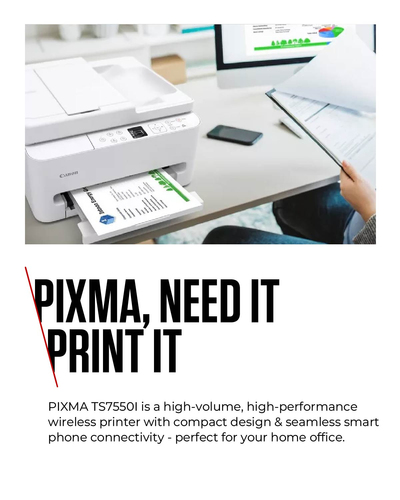 Canon PIXMA TS7550i. Print technology: Inkjet, Printing: Colour printing, Maximum resolution: 1200 x 1200 DPI. Copying: Co
