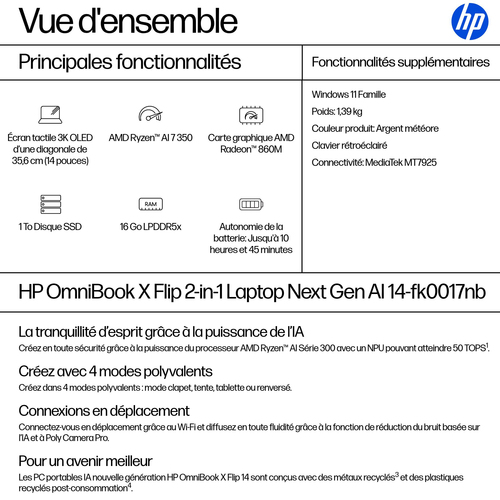 HP OmniBook X Flip Next Gen AI 14-fk0017nb. Product type: Hybrid (2-in-1), Form factor: Convertible (Folder). Processor fa