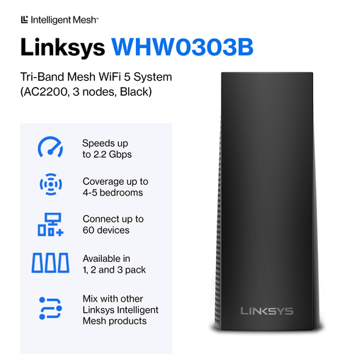 Linksys Velop Wi-Fi 5 IEEE 802.11ac Ethernet Wireless Router - 2.40 GHz ISM Band - 5 GHz UNII Band - 6 x Antenna(6 x Inter