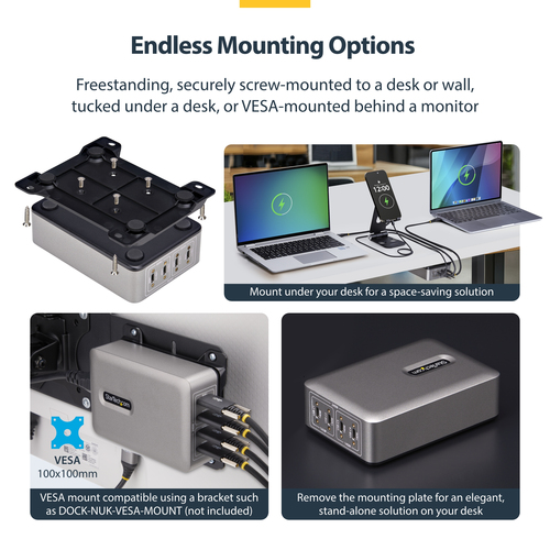 StarTech.com 4-Port Multi-Device USB-C Charger, 240W Total, Single Port 140W EPR, Screw Locking Ports, Ideal for Boardroom