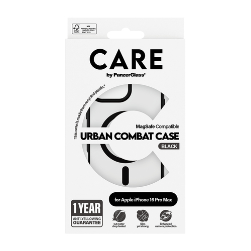 PanzerGlass CARE™ by ® Urban Combat Case Transparent w. Black Frame & MagSafe iPhone 16 Pro Max. Case type: Cover, Brand c
