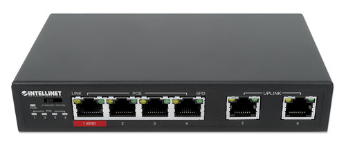Intellinet 6-Port Fast Ethernet Switch with 4 PoE Ports (1 x High-Power PoE), One High-Power 60 W PSE PoE Port, Three IEEE