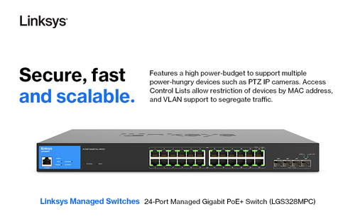 Linksys LGS328MPC 24 Ports Manageable Ethernet Switch - 3 Layer Supported - Modular - 410 W PoE Budget - Optical Fiber, Tw