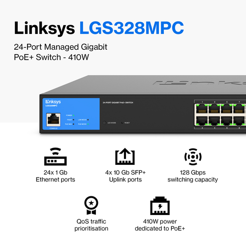 Linksys LGS328MPC 24 Ports Manageable Ethernet Switch - 3 Layer Supported - Modular - 410 W PoE Budget - Optical Fiber, Tw