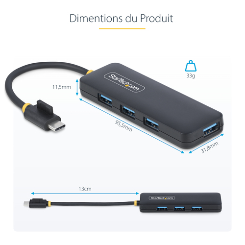 StarTech.com Hub USB-C 4 Ports, 5Gbps, USB-C vers 4x USB-A, Alimenté par Bus, Mini Hub de Voyage, Splitter USB 3.0 Multipo