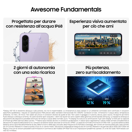 Samsung Galaxy A37 5G . Dimensioni diagonale schermo: 17 cm (6.7"), Risoluzione del display: 1080 x 2340 Pixel. Famiglia p