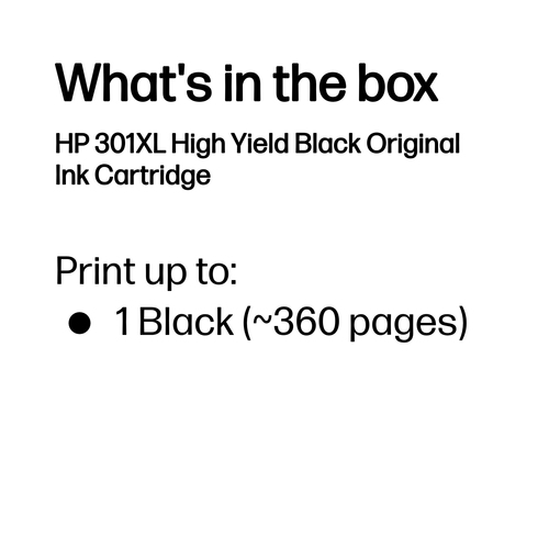 HP 301XL High Yield Black Original Ink Cartridge. Cartridge capacity: High (XL) Yield, Black ink type: Pigment-based ink, 