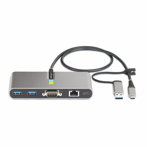 StarTech.com 2-Port USB-C Hub with Gb Ethernet and RS232 FTDI Serial, Attached USB-C to USB-A Dongle, 100W PD Pass-Through