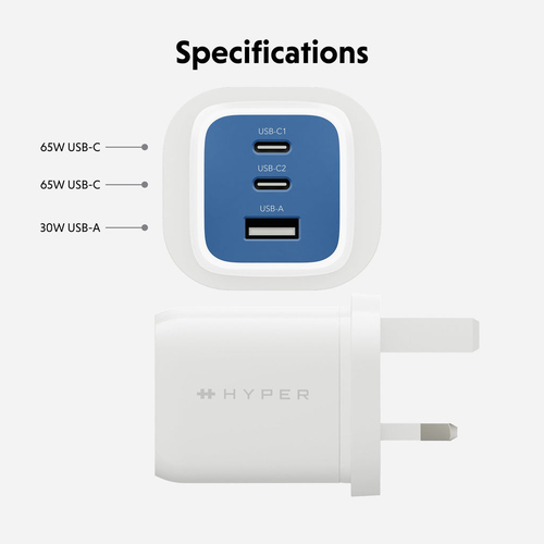 Hyper HyperJuice 65 W AC Adapter - Universal Adapter - For iPhone, iPad Air - Blue