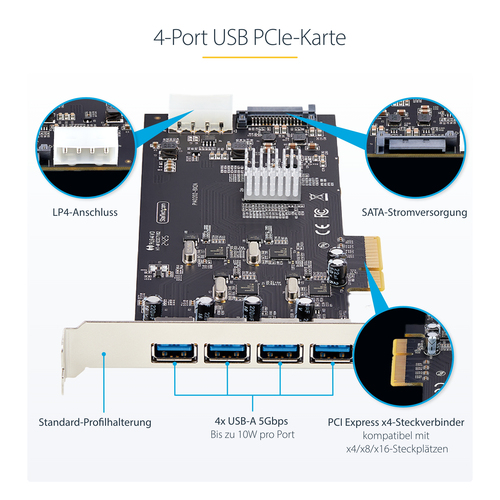 StarTech.com 4-Port USB PCIe Karte, USB 3.2 5Gbps, PCI Express Karte mit 4 unabhängigen USB-Controllern, 4 USB-A Anschlüss