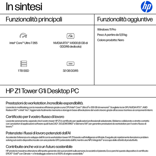Desktop Computer HP Z1 G1i - Intel Core Ultra 7 265 - 32 GB - 1 TB PCI Express NVMe 4.0 SSD - Tower - Nero - Intel Q870 Ch