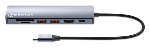 Manhattan USB-C Dock/Hub with Card Reader, Ports (x5): Ethernet, HDMI, USB-A (x2) and USB-C, with Power Delivery (PD) 100W