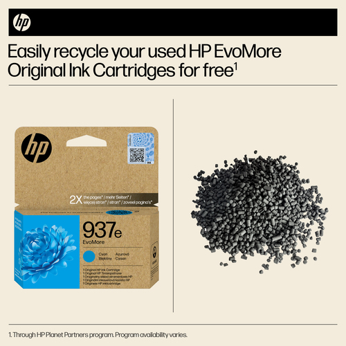 HP 937e EvoMore Cyan Original Ink Cartridge. Cartridge capacity: High (XL) Yield, Supply type: Single pack, Colour ink pag