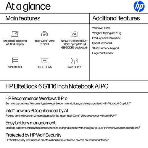 HP EliteBook 6 G1i 40,6 cm (16 Zoll) Notebook - 4G - WUXGA - Intel Core Ultra 5 225U - 16 GB - 512 GB SSD - Silber - Intel