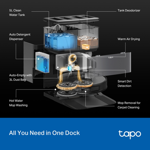 TP-Link Tapo RV50 Pro Omni. Dust container type: Combi, Product colour: Black, Shape: Round. Dust capacity (vacuum cleaner