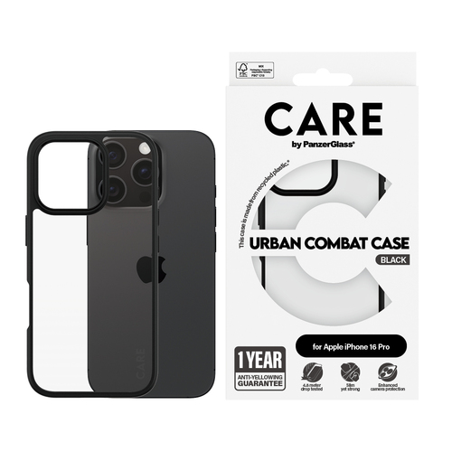 CARE Urban Combat Case for Apple iPhone 16 Pro Smartphone - Black, Transparent - Drop Resistant, Yellowing Resistant, Crus