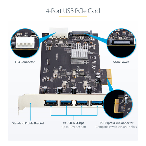 StarTech.com 4-Port USB PCIe Card, USB 3.2 5Gbps, PCI Express Expansion Card with 4x Independent USB Controllers, 4x USB-A