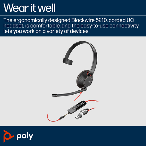 HP Poly Blackwire 5210 Monaural USB-C Headset +3.5mm Plug +USB-C/A Adapter. Product type: Headset. Connectivity technology