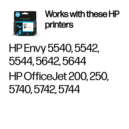 HP 62 Black Original Ink Cartridge. Printing colours: Black, Quantity per pack: 1 pc(s), Black ink page yield: 200 pages