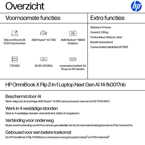 HP OmniBook X Flip Next Gen AI 14-fk0017nb. Product type: Hybrid (2-in-1), Form factor: Convertible (Folder). Processor fa