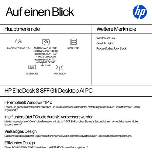 Desktop Computer HP EliteDesk 8 G1i - Intel Core Ultra 5 Serie 2 235 - vPro-Technologie - 16 GB - 512 GB PCI Express NVMe 