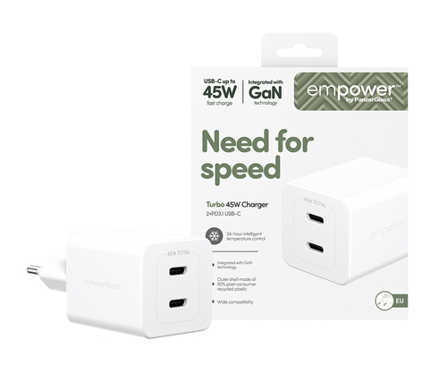 PanzerGlass Turbo 45 W AC Adapter - Universal Adapter - 2 USB Type-C - For Smartphone, Tablet PC - Europe - Silver, White