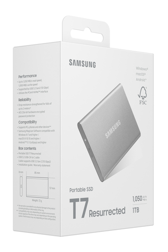 Samsung MU-PD1T0G/WW. SSD capacity: 1 TB. USB connector: USB Type-C, USB version: 3.2 Gen 2 (3.1 Gen 2). Read speed: 1050 