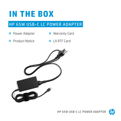 HP 65W USB-C LC Power Adapter. Purpose: Laptop, Power supply type: Indoor, Output power: 65 W. Product colour: Black. Comp