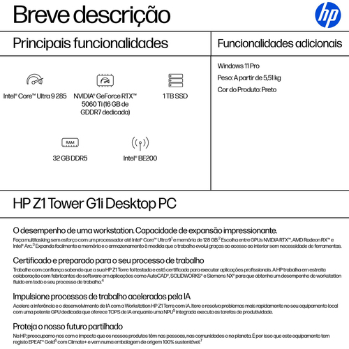 HP Z1 G1i Computador secretária - Intel Core Ultra 9 285 - 32 GB - 1 TB PCI Express NVMe 4.0 SSD - Torre - Preto - Intel Q