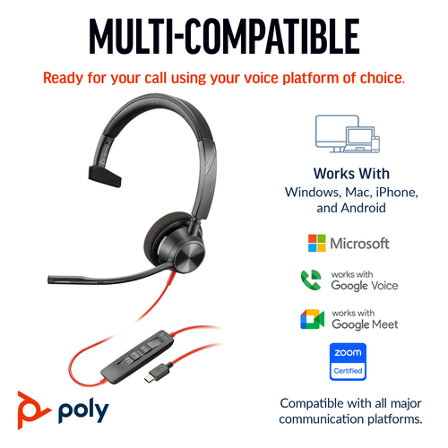 HP Poly Blackwire 3310 Monaural Microsoft Teams Certified USB-C Headset +USB-C/A Adapter. Product type: Headset. Connectiv