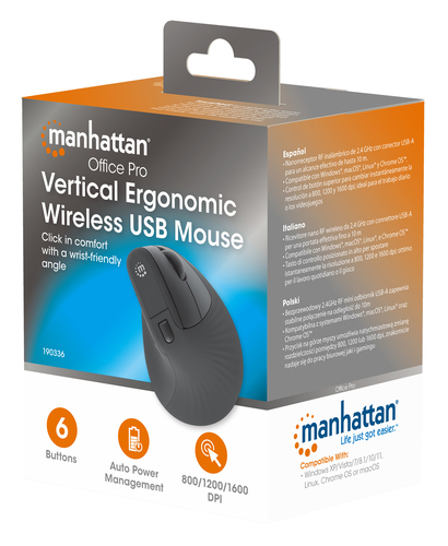 Manhattan Mouse - Radio Frequency - USB Type A - Optical - 6 Button(s) - Black - Wireless - 10 m - 2.40 GHz - 1600 dpi - S