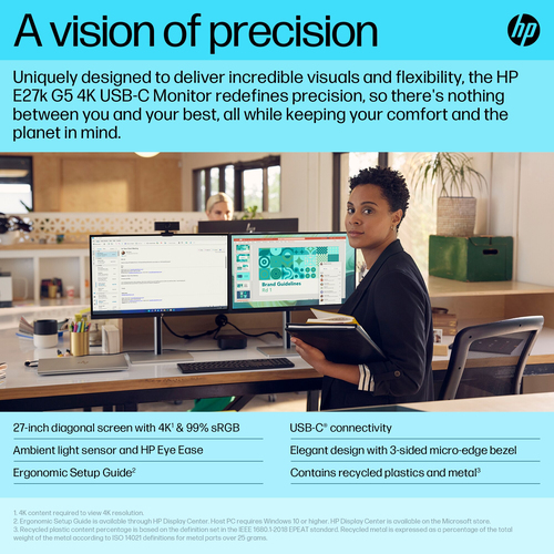 HP E-Series E27k G5 4K USB-C Monitor. Display diagonal: 68.6 cm (27"), Display resolution: 3840 x 2160 pixels, HD type: 4K
