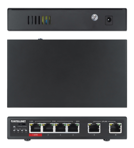 Intellinet 6-Port Fast Ethernet Switch with 4 PoE Ports (1 x High-Power PoE), One High-Power 60 W PSE PoE Port, Three IEEE