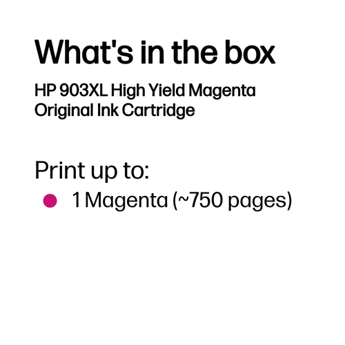 HP 903XL High Yield Magenta Original Ink Cartridge. Colour ink type: Pigment-based ink, Cartridge capacity: High (XL) Yiel