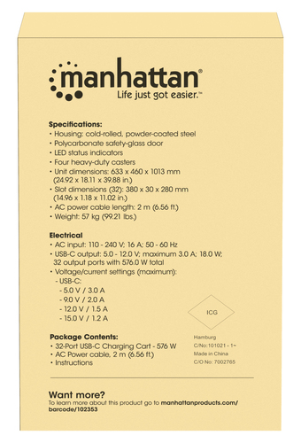 Manhattan iPad to 13", MacBook Air to 15" & Chromebook 16" 32-bay Charging Trolley/Cart via USB-C, Also other tablets/smar