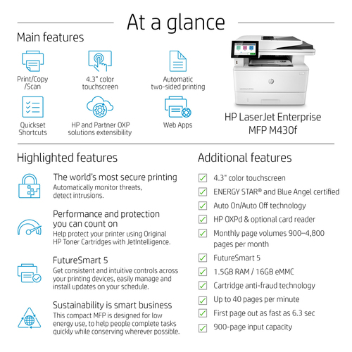 HP LaserJet Enterprise MFP M430f. Print technology: Laser, Printing: Mono printing, Maximum resolution: 1200 x 1200 DPI. C