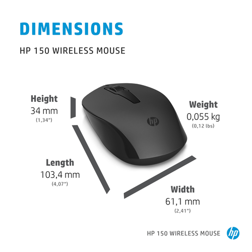 HP 150 Wireless Mouse. Form factor: Ambidextrous. Movement detection technology: Optical, Device interface: RF Wireless, M