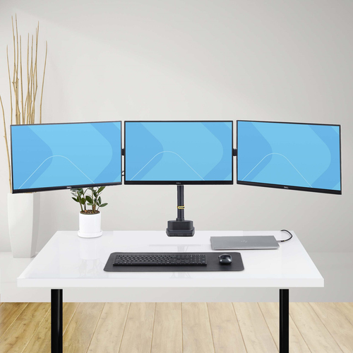 StarTech.com Triple Monitor Desk Mount For Up To Three 27in Screens, VESA 75x75/100x100, Tool-Less Arm Adjustments, C-Clam