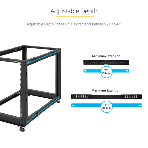 StarTech.com 12U Adjustable Depth Open Frame 4 Post Server Rack w/ Casters / Levelers and Cable Management Hooks - Steel, 